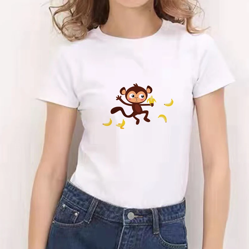 2021 Корея Модни Дамски Тениска Kawaii Monkey С Графичен Принтом, Летни Бели Тениски С Кръгло Деколте И Къс Ръкав, Дамски Тениски Оверсайз За Момичета Изображение 1