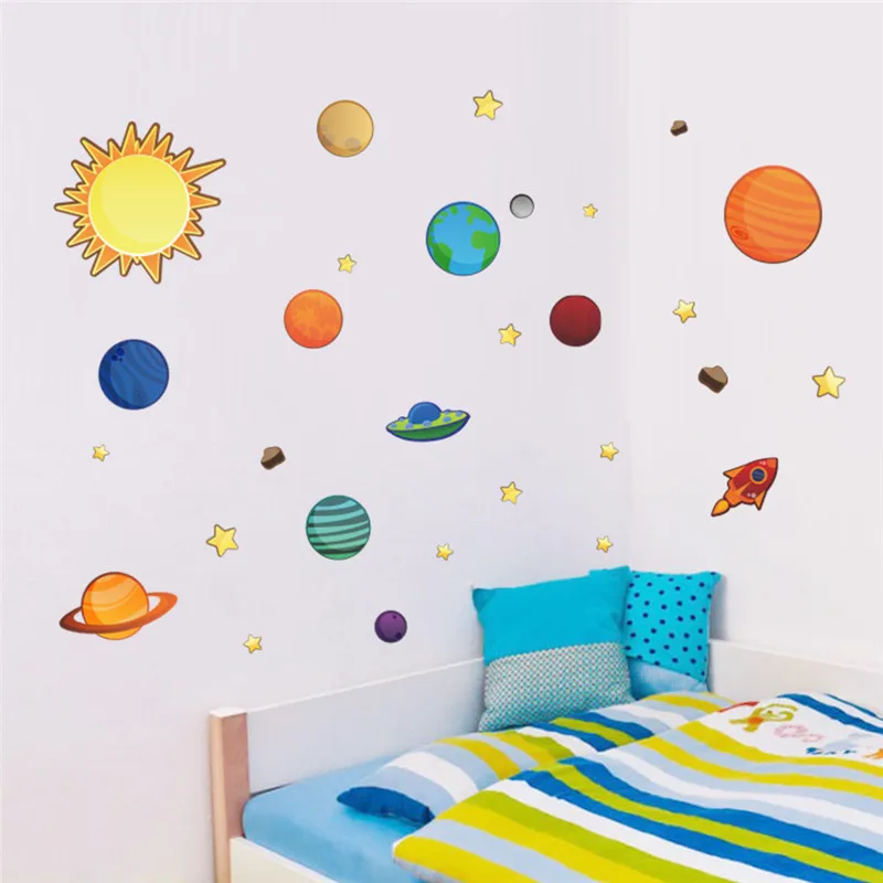 Планетите в Слънчевата Система Стикери За Стена За Детска стая Детски Спални САМ Карикатура Художествена Картина на Вселената Планета Плакати Космически Стикери За Дома Изображение 2
