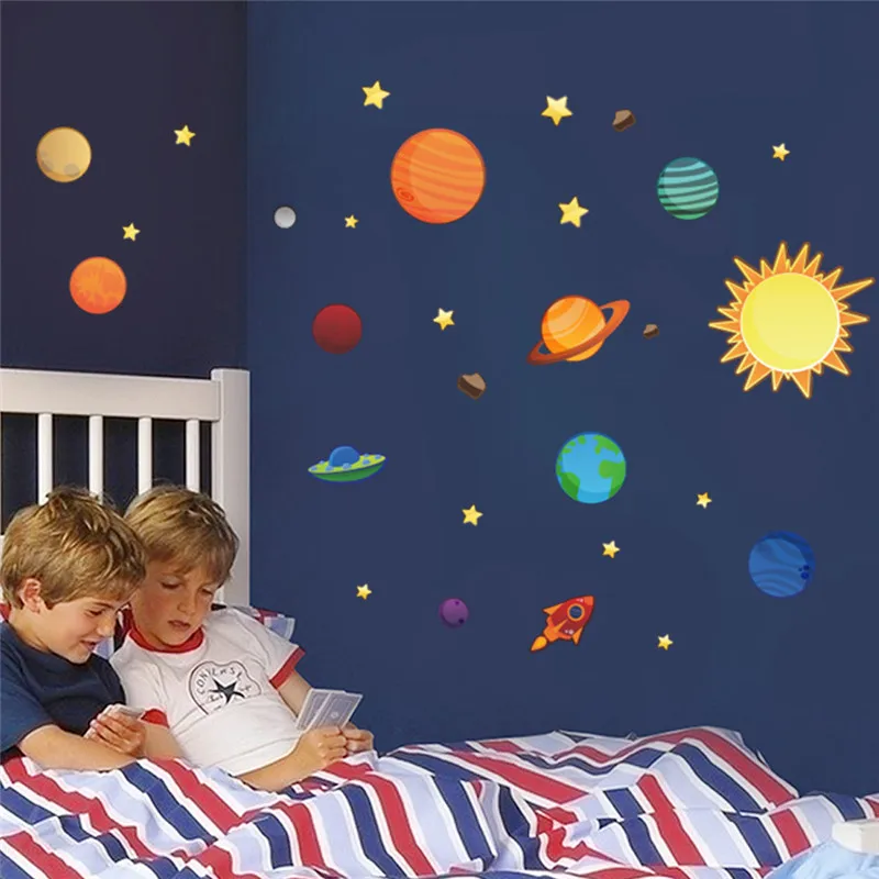 Планетите в Слънчевата Система Стикери За Стена За Детска стая Детски Спални САМ Карикатура Художествена Картина на Вселената Планета Плакати Космически Стикери За Дома Изображение 3