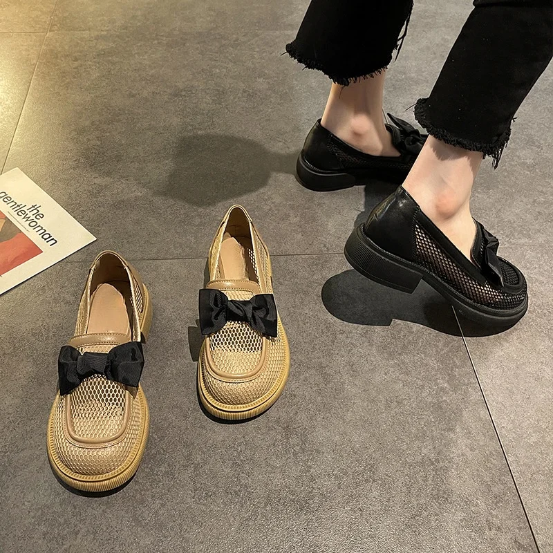 Фини дамски летни обувки от 2021 г., Нови модни универсални окото Лоферы с лък поломанном дебел ток, нескользящие Лоферы Изображение 4