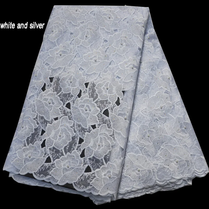Безплатна доставка (5 ярда/бр) висококачествено бяла сребърна африканска лейси плат органза, конфедерация лейси плат с мъниста за вечерните рокли CLP318 Изображение 5
