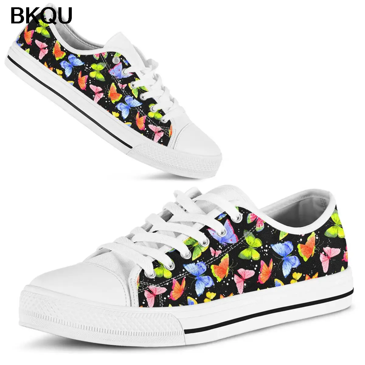 BKQU/ Красиви Разноцветни Дамски Маратонки с Пеперуди, Бяла Парусиновая обувки с ниски берцем, Дизайнерски Дамски обувки размер Плюс 44/45/46, Обувки Изображение 0