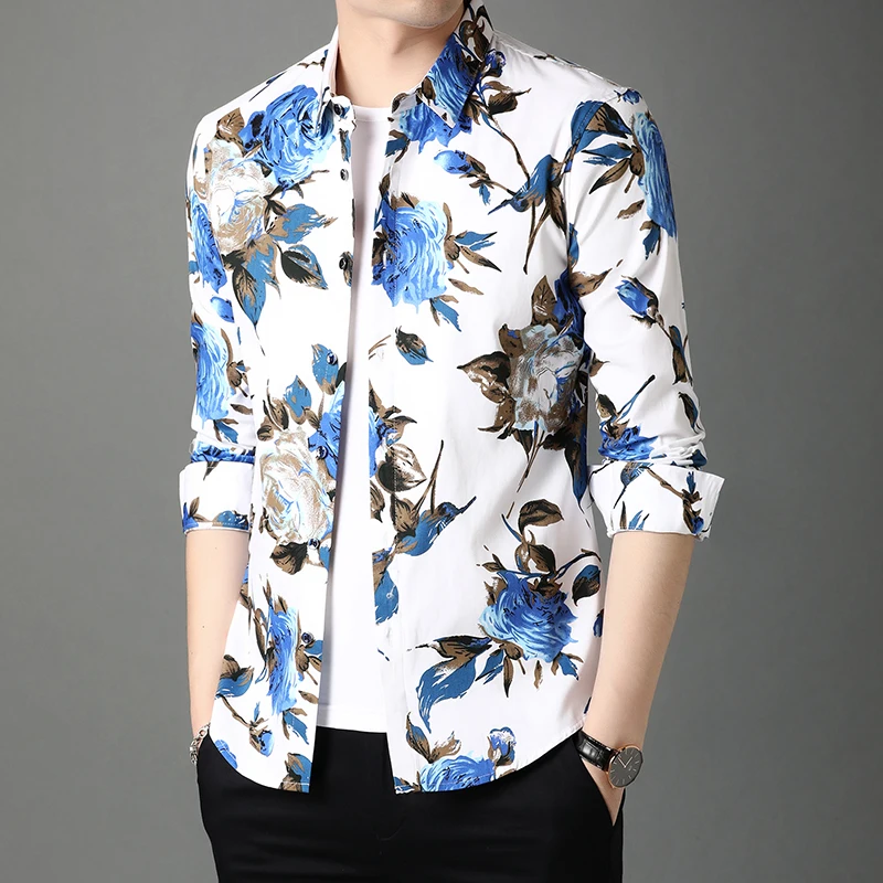 Мъжки Ризи С Цветен Модел, Висококачествени Мъжки Облекла От 100% Памук С Дълъг Ръкав, Ежедневни Ризи С Принтом Изображение 0