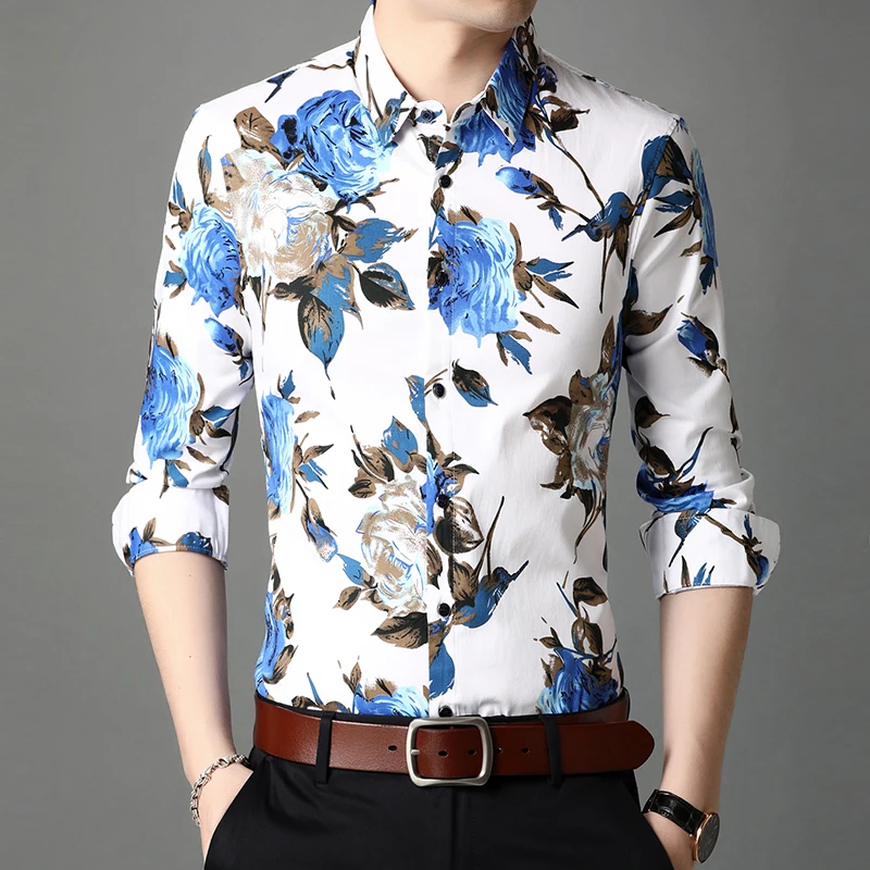 Мъжки Ризи С Цветен Модел, Висококачествени Мъжки Облекла От 100% Памук С Дълъг Ръкав, Ежедневни Ризи С Принтом Изображение 2