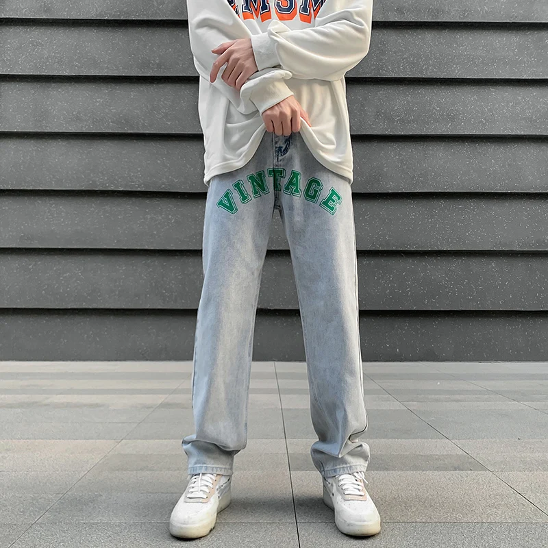 Маркови мъжки дънки с висока лампа на принтом, прави дънки в стил хип-хоп с уличната бродерия, европейски и американски марки дълги панталони tide Изображение 0