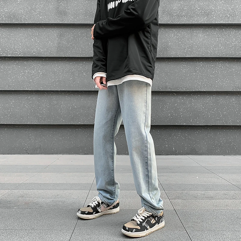 Маркови мъжки дънки с висока лампа на принтом, прави дънки в стил хип-хоп с уличната бродерия, европейски и американски марки дълги панталони tide Изображение 2