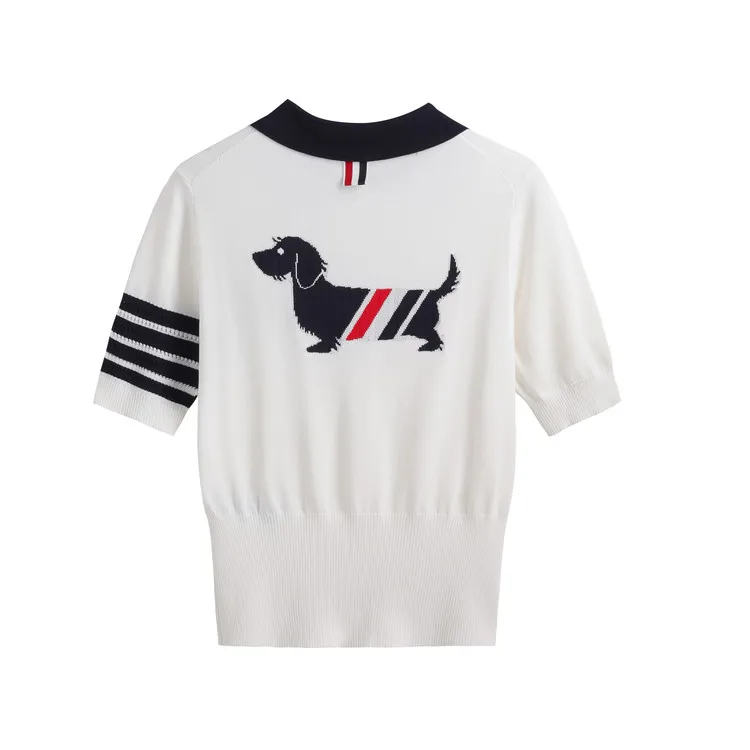 2021 лятна нова тениска tbb в ивица с четири ивици, за да е подходяща по цвят с поло яката, вязаная, с къс ръкав, отзад, жаккардовая тениска с изображение на кученцето, тънка Изображение 1