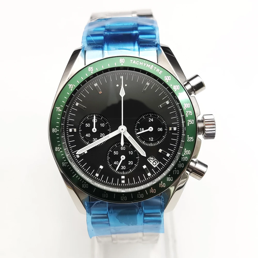 Луксозни многоцветни черни панда зелен панела мъжки кварцов часовник VK63 калибър + стомана каишка водоустойчив трехглазый хронограф Изображение 1