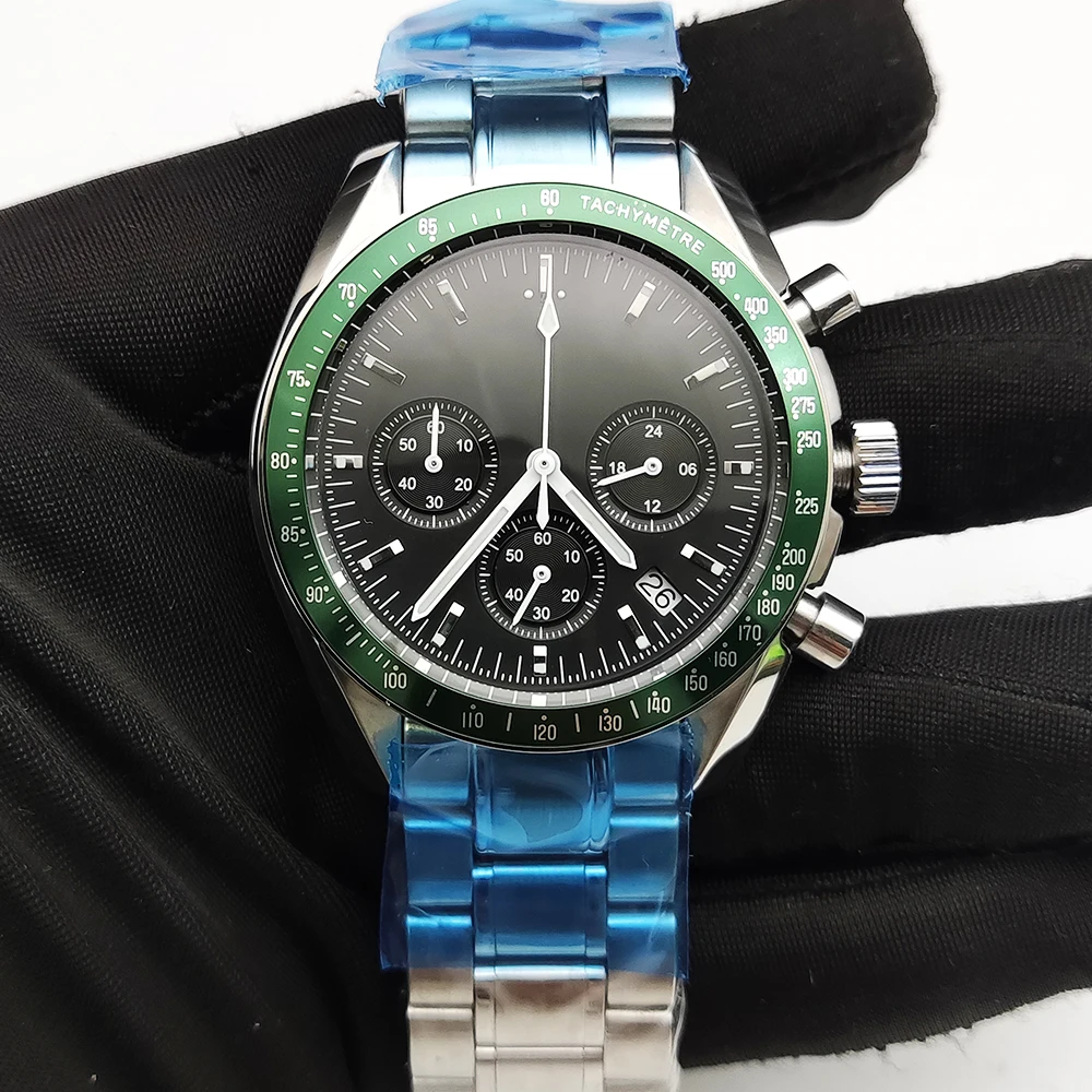 Луксозни многоцветни черни панда зелен панела мъжки кварцов часовник VK63 калибър + стомана каишка водоустойчив трехглазый хронограф Изображение 5