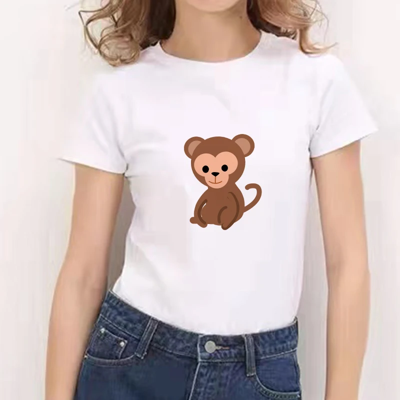 2021 Корея Модни Дамски Тениска Kawaii Monkey С Графичен Принтом, Летни Бели Тениски С Кръгло Деколте И Къс Ръкав, Дамски Тениски Оверсайз За Момичета Изображение 0