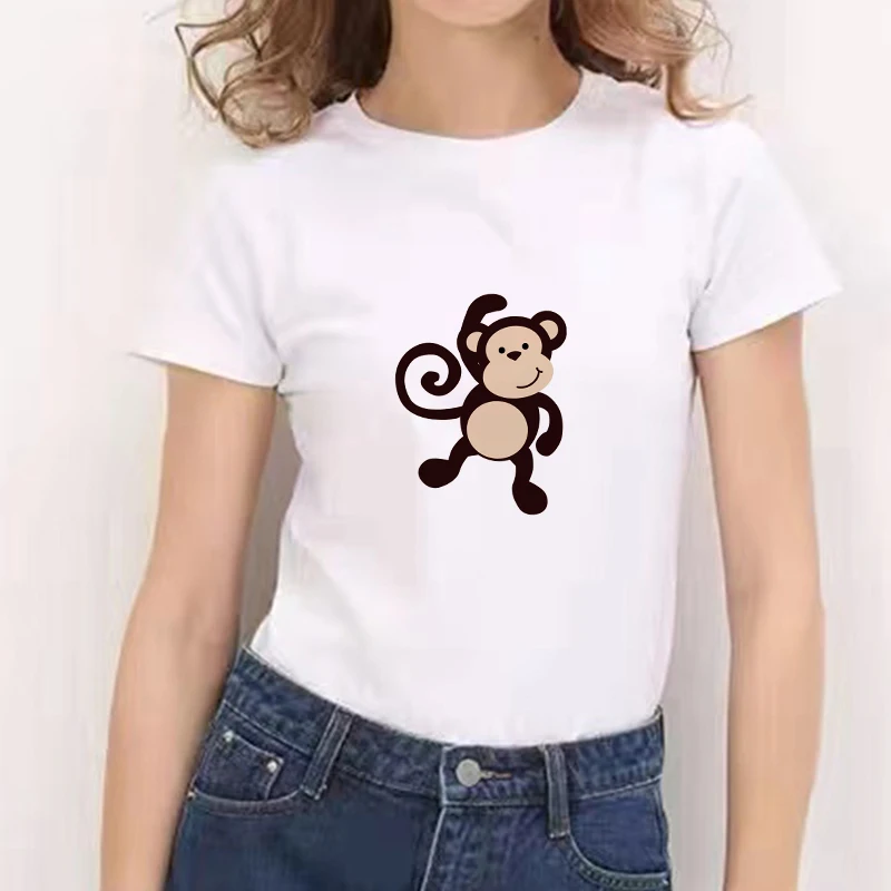2021 Корея Модни Дамски Тениска Kawaii Monkey С Графичен Принтом, Летни Бели Тениски С Кръгло Деколте И Къс Ръкав, Дамски Тениски Оверсайз За Момичета Изображение 2