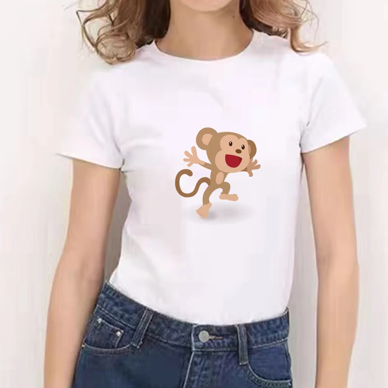 2021 Корея Модни Дамски Тениска Kawaii Monkey С Графичен Принтом, Летни Бели Тениски С Кръгло Деколте И Къс Ръкав, Дамски Тениски Оверсайз За Момичета Изображение 5