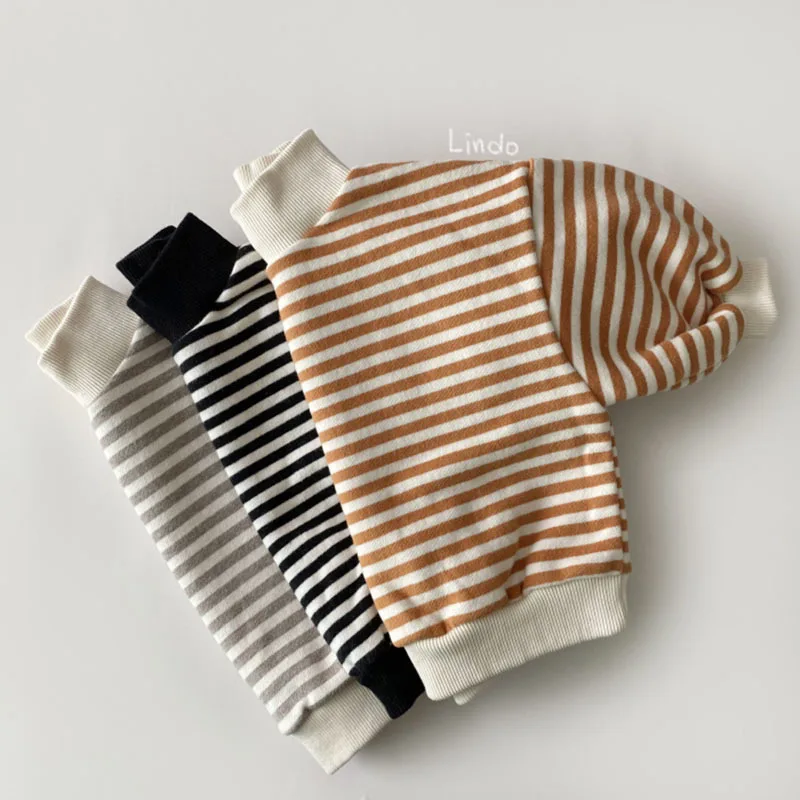 Корейската детски и бебешки дрехи памук плюшено пуловер райе неутрално свободен пуловер с висока воротом топ с дълъг ръкав Изображение 1