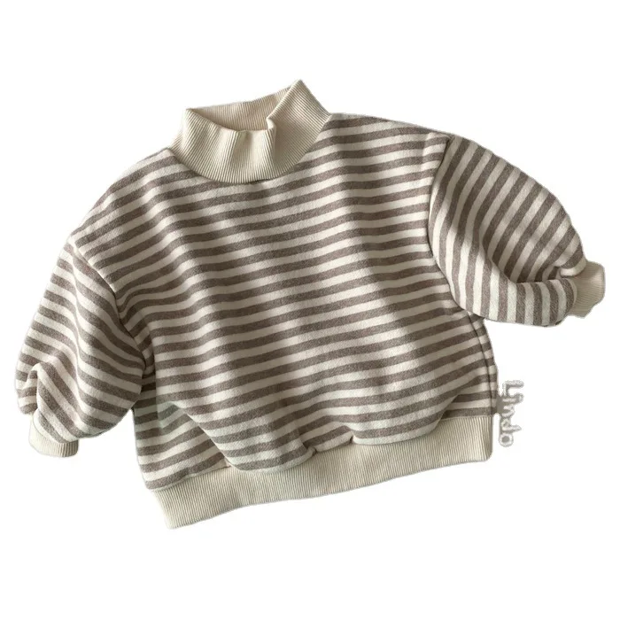 Корейската детски и бебешки дрехи памук плюшено пуловер райе неутрално свободен пуловер с висока воротом топ с дълъг ръкав Изображение 4