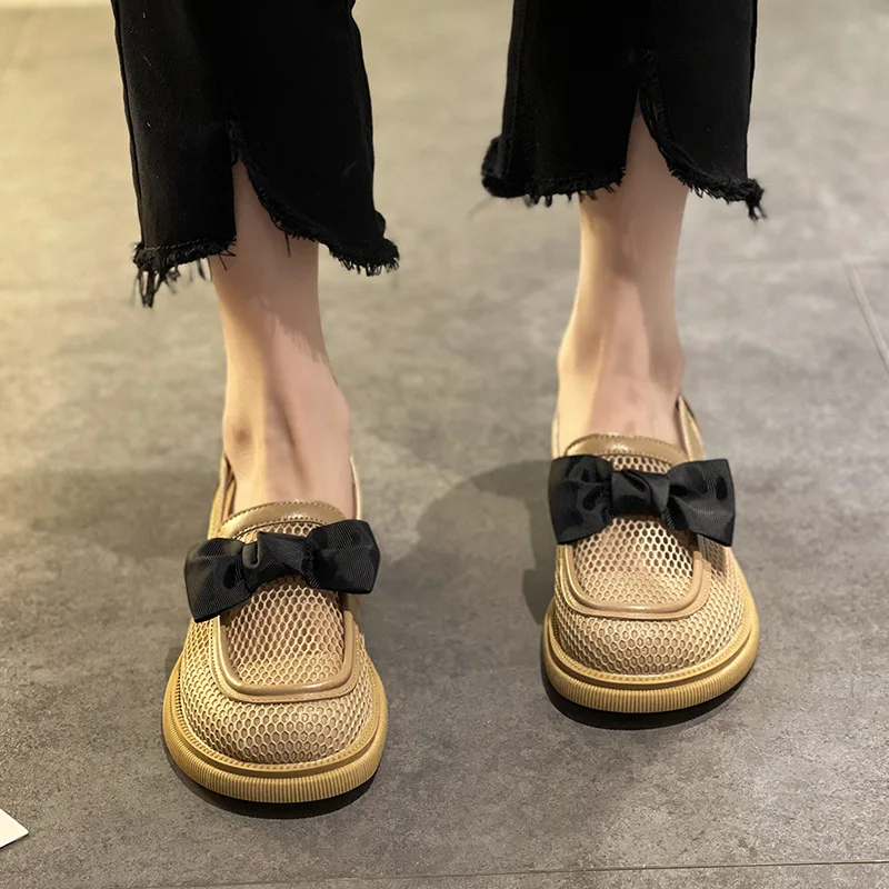 Фини дамски летни обувки от 2021 г., Нови модни универсални окото Лоферы с лък поломанном дебел ток, нескользящие Лоферы Изображение 0