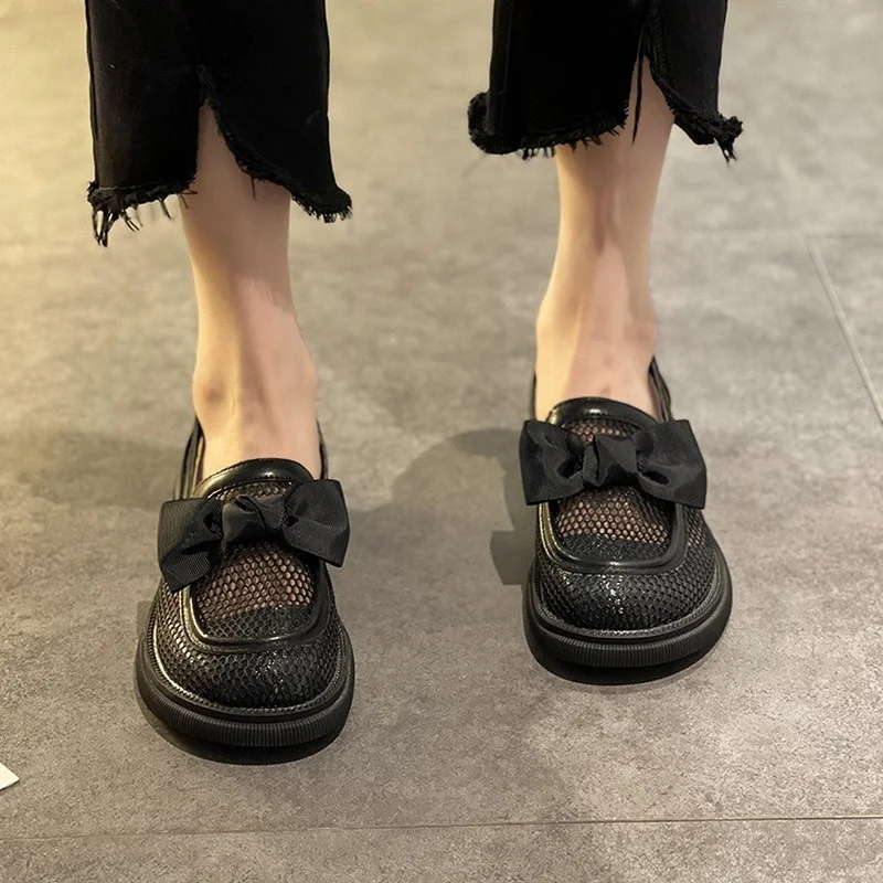 Фини дамски летни обувки от 2021 г., Нови модни универсални окото Лоферы с лък поломанном дебел ток, нескользящие Лоферы Изображение 1