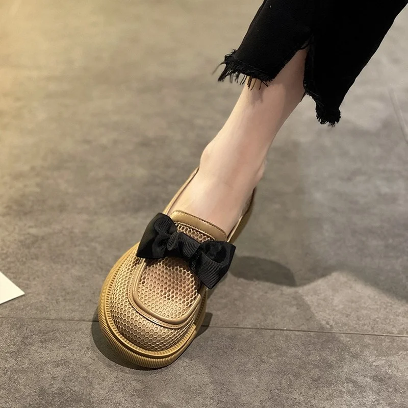Фини дамски летни обувки от 2021 г., Нови модни универсални окото Лоферы с лък поломанном дебел ток, нескользящие Лоферы Изображение 2