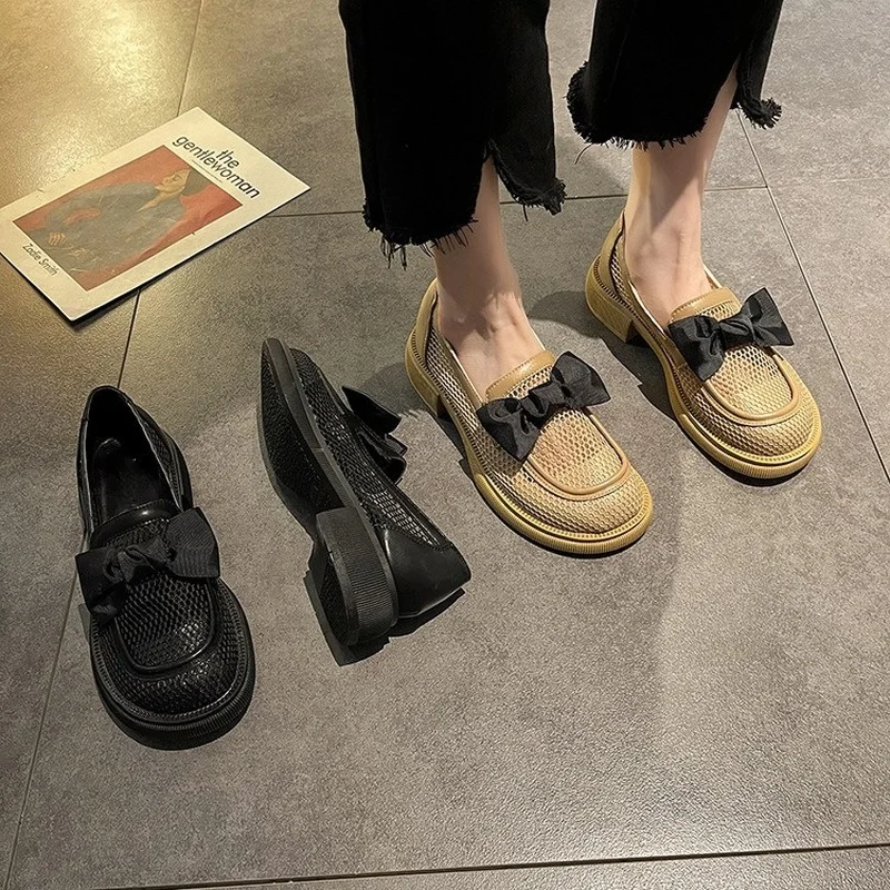 Фини дамски летни обувки от 2021 г., Нови модни универсални окото Лоферы с лък поломанном дебел ток, нескользящие Лоферы Изображение 3