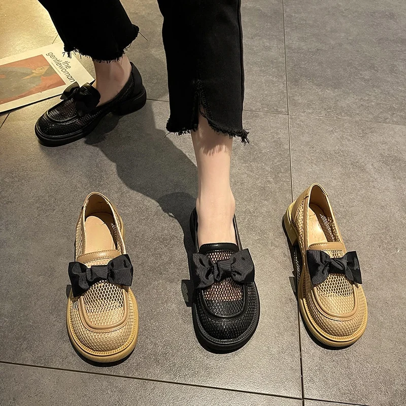 Фини дамски летни обувки от 2021 г., Нови модни универсални окото Лоферы с лък поломанном дебел ток, нескользящие Лоферы Изображение 5